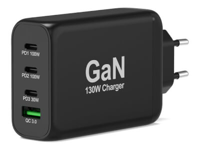 Alim USB GaN 1 USB A + 3 USB C 130W câble 2m