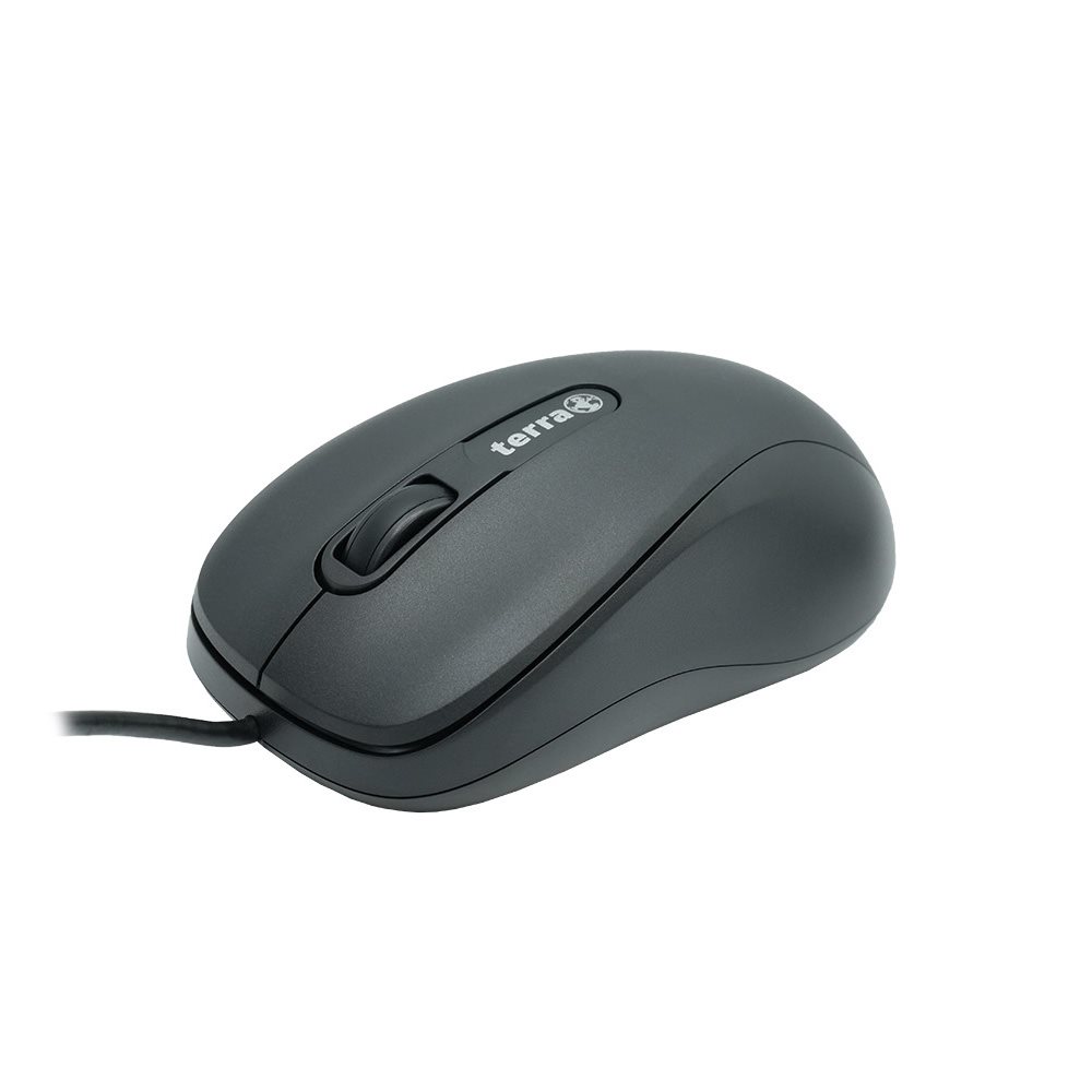 Souris TERRA 1500 filaire USB noire · 3 boutons, symétrique, câble de 1,80 m